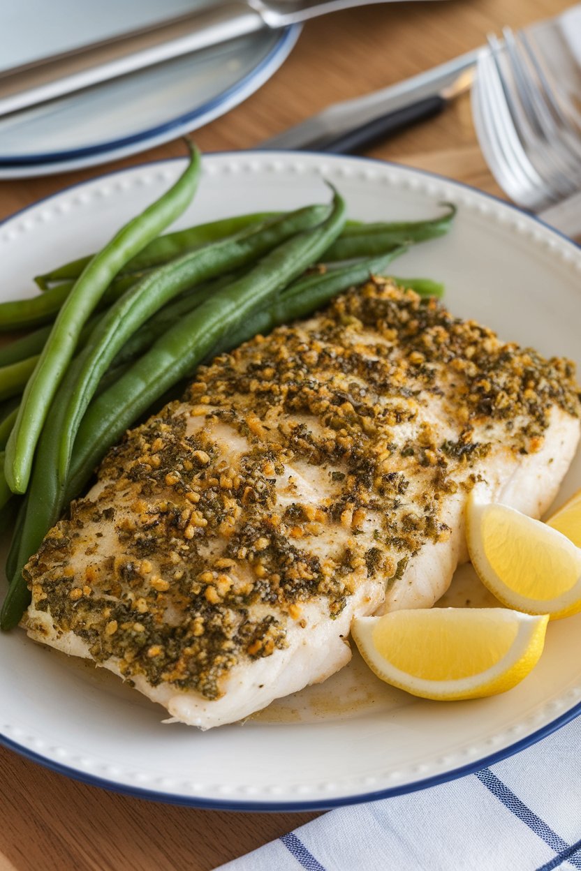 An indoor dinner plate featuring cooked tilapia fillet coated in a green herb crust, accompanied by lemon wedges and steamed green beans. No text or logos. Photo only.
