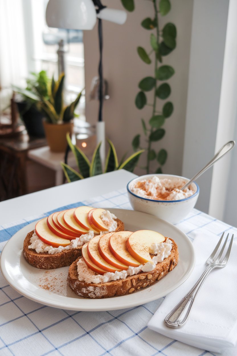 A brightly lit indoor breakfast table with whole-grain toast spread with cottage cheese, topped with thin apple slices and dusted cinnamon. No logos or text present.