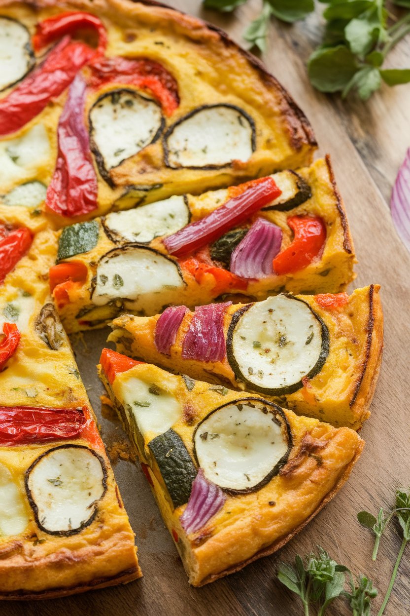 Photo indoors of a sliced sheet-pan frittata showing colorful roasted vegetables and goat cheese pockets, no text.