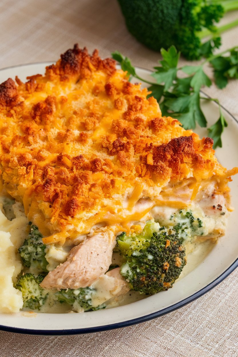 Indoor photo of a creamy chicken and broccoli casserole topped with cheddar cheese and breadcrumbs, lightly browned. No logos in view.