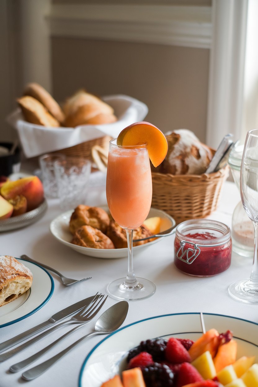 An indoor brunch spread showing a champagne coupe of icy peach bellini mocktail, peach slice resting on rim. No text or logos. Photo.