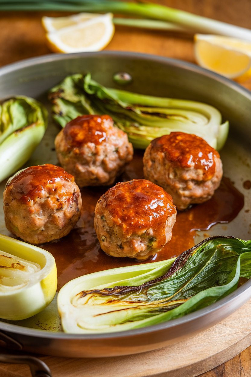 Indoor photo of turkey meatballs glazed in sesame ginger sauce, roasted baby bok choy halves on a pan; no text or logos