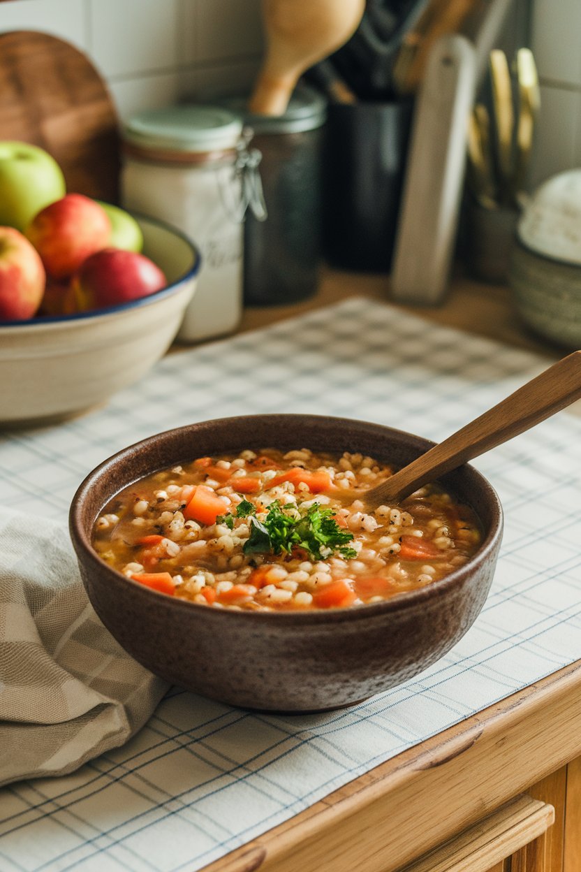 An indoor kitchen counter featuring a rustic bowl of vegetable barley soup packed with carrots, celery, and tomatoes. Steam is visible; no text or logos.