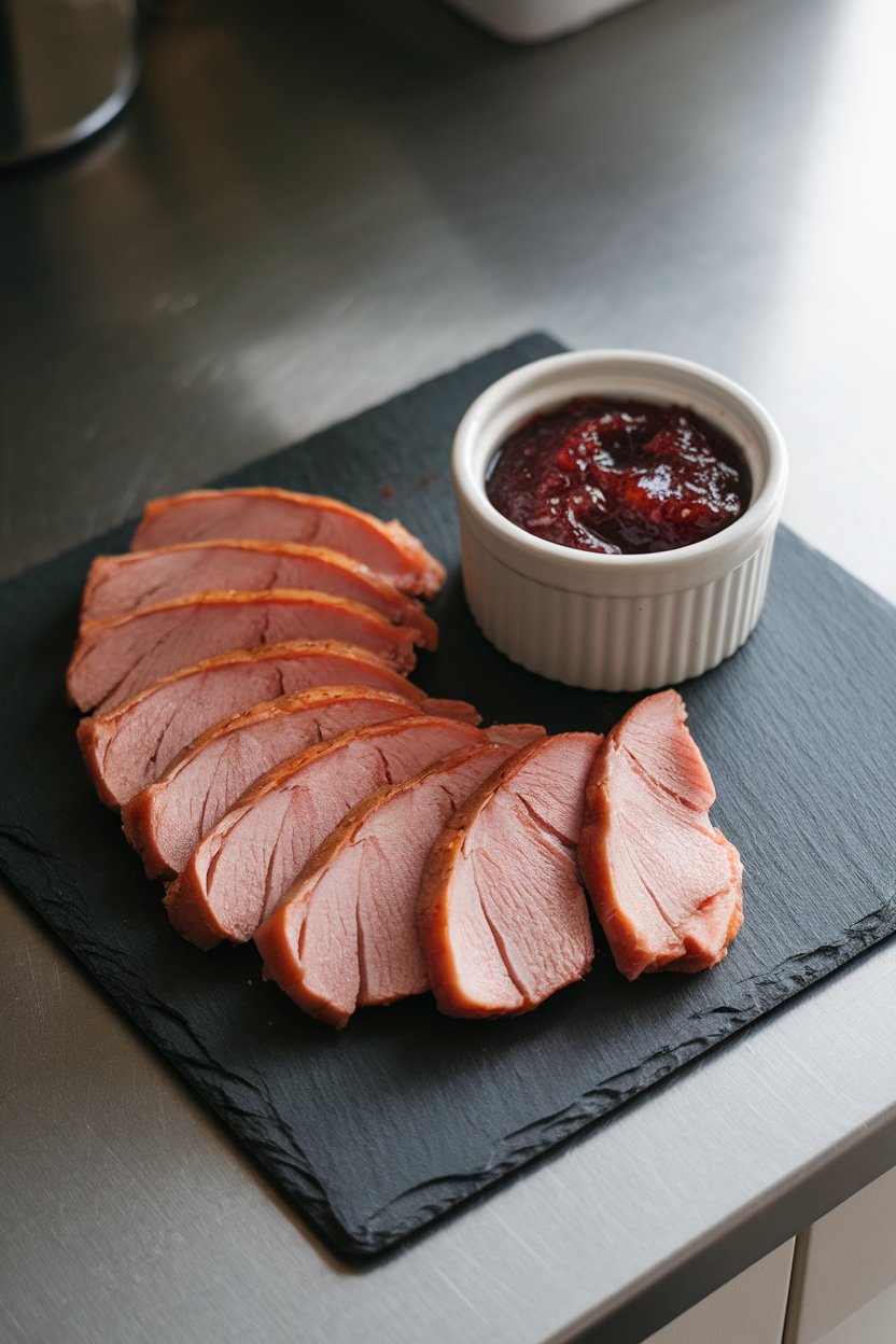 A softly lit indoor countertop featuring thin slices of smoked duck breast fanned beside a ramekin of fig jam, all on a dark slate board. No logos in the scene.