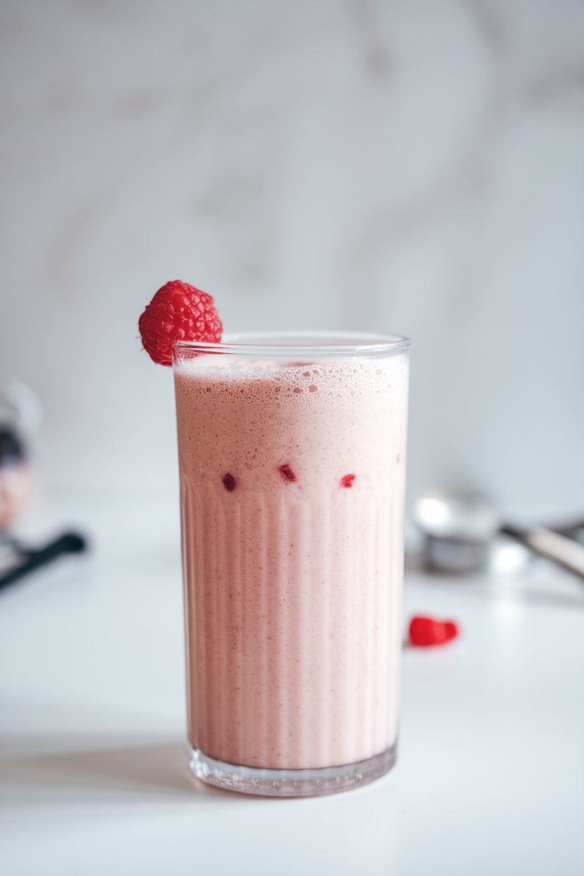 Indoor photo of a tall glass of pale pink protein shake with a raspberry on the rim, no text or logos visible