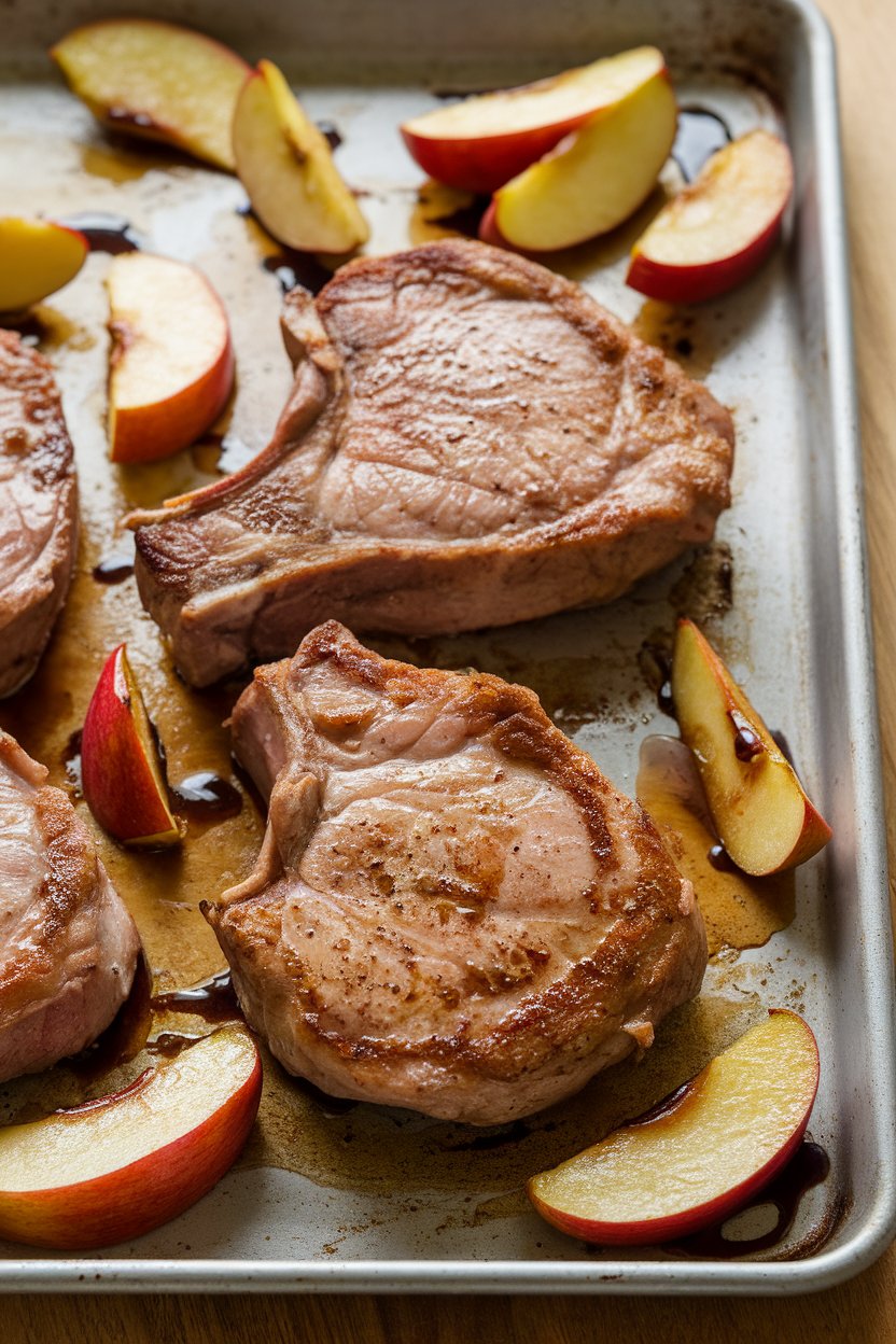Indoor photo of seared pork chops and roasted apple wedges coated in balsamic reduction on a sheet pan. No text or logos.