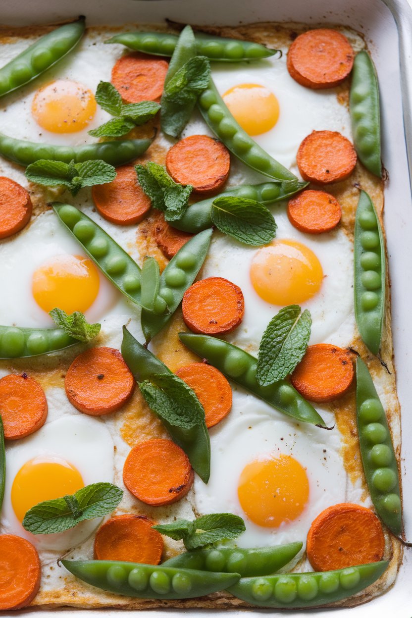 A sheet pan indoors featuring baked eggs, sweet green peas, roasted carrot coins, and fresh mint leaves, no text or logos.