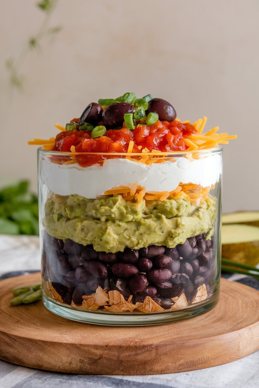 Indoor photo of a glass dish showing visible layers of beans, guacamole, sour cream, cheese, salsa, olives, and green onions, no text or logos.
