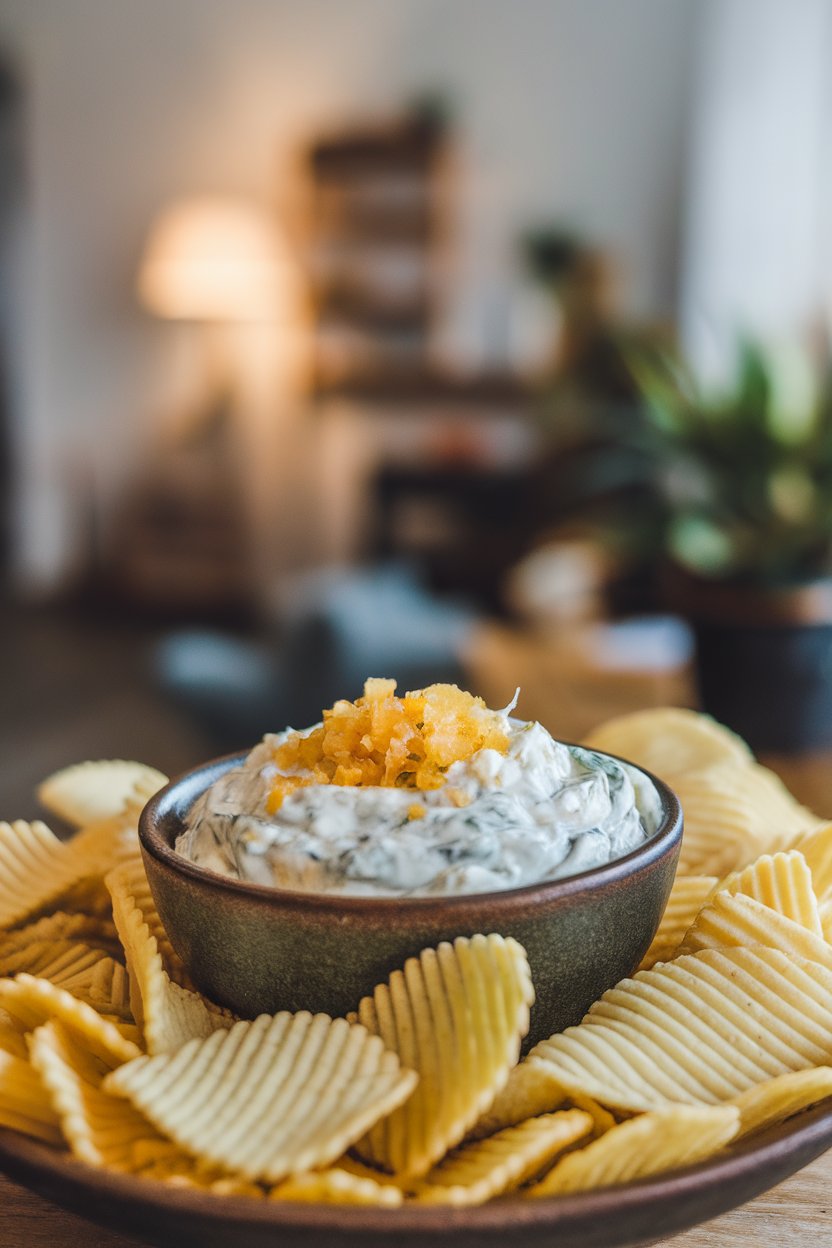 An indoor bowl of creamy onion dip with golden onion bits on top, surrounded by ridged potato chips—no text or logos. Photo, not illustration.