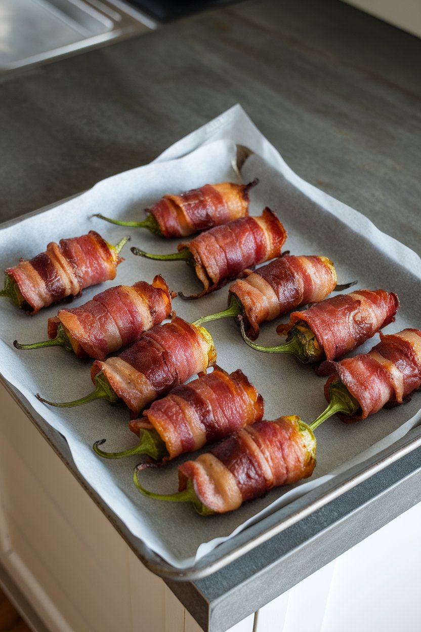 Indoor kitchen island with a parchment-lined tray of baked jalapeño poppers wrapped in bacon, filling bubbling slightly. No text or logos.