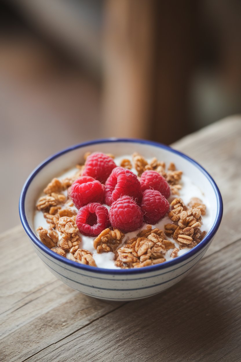 An indoor cereal bowl brimming with crunchy granola clusters coated lightly in yogurt, fresh raspberries scattered on top. No text or logos present. Photo, not illustration.