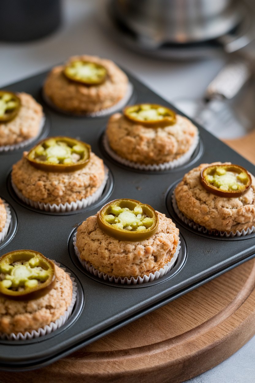 An indoor muffin tin of rustic soda bread muffins, jalapeño rounds baked on top. No logos or text.