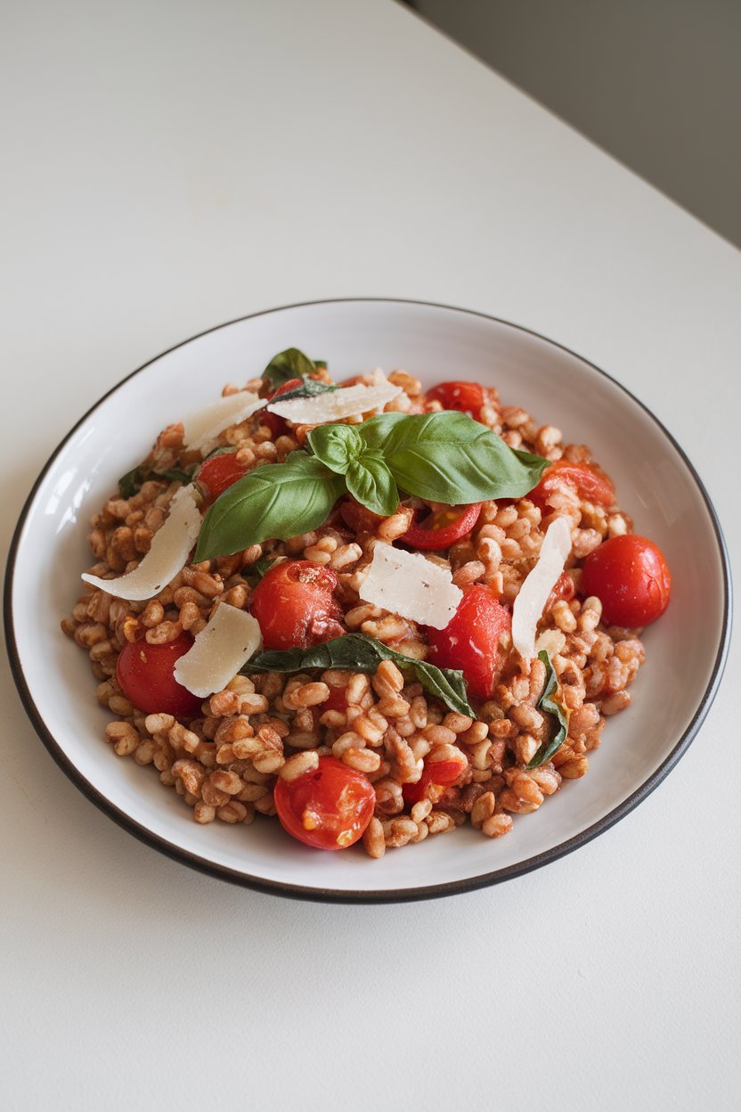 Indoor plate of chewy farro grains mixed with cherry tomatoes, basil, and shaved Parmesan. No text or logos seen.
