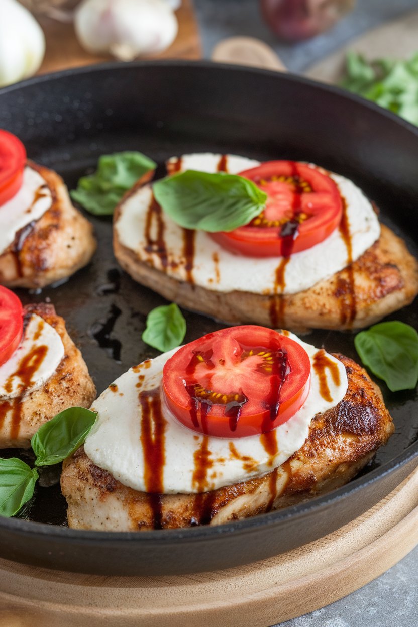 Indoor skillet showing chicken breasts topped with melted mozzarella, sliced tomatoes, and fresh basil, balsamic reduction drizzled lightly. No logos or text present.