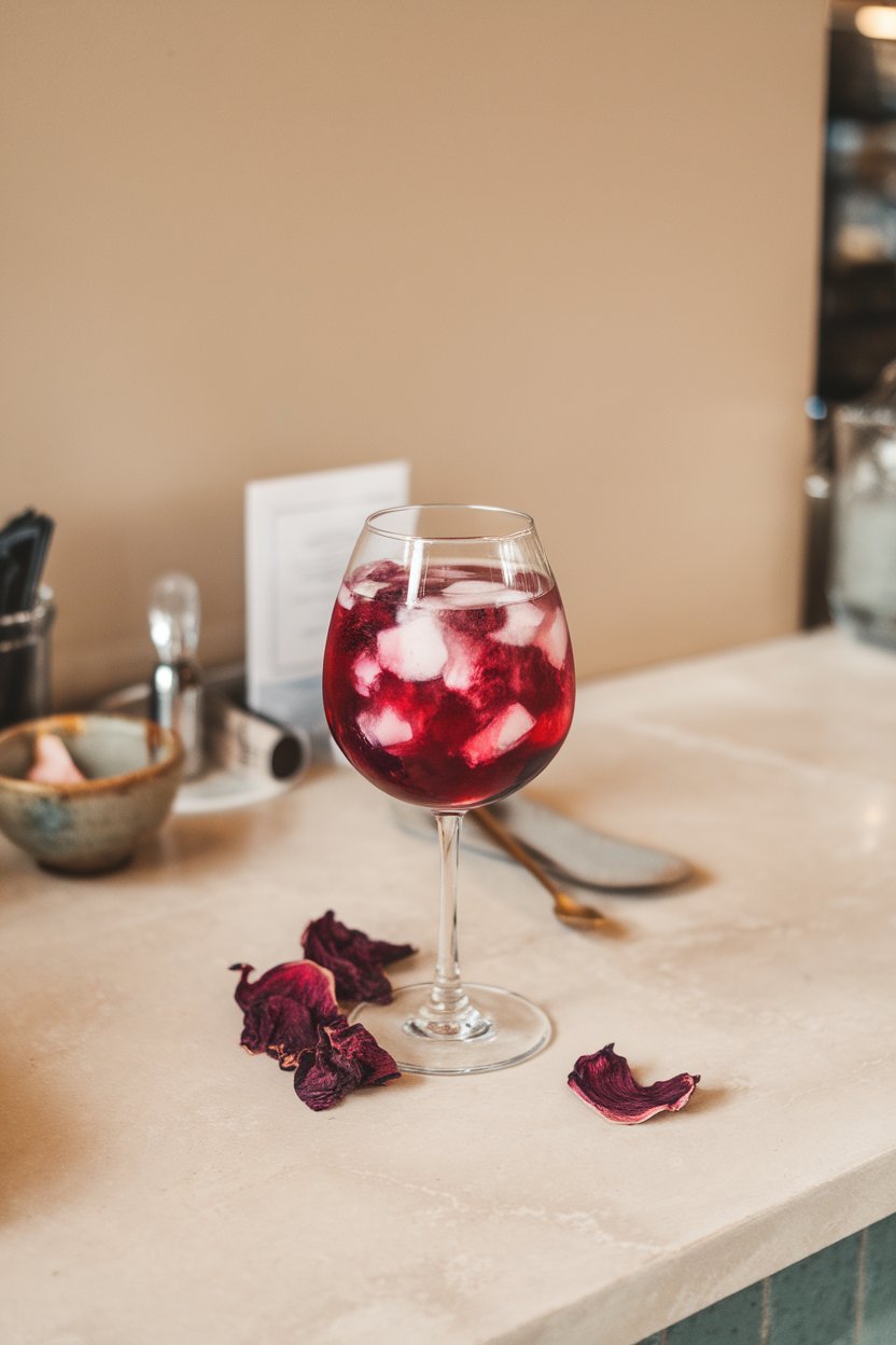 Indoor café counter featuring a stemless wine glass of ruby hibiscus spritz, dried petals beside the glass. No text or logos.