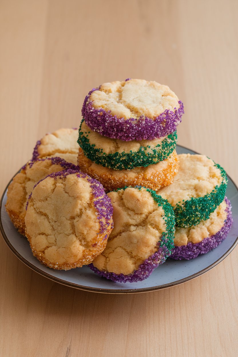 Indoor photo of shortbread cookies edged in purple, green, and gold sanding sugar, stacked neatly on a plate. No text or logos visible.