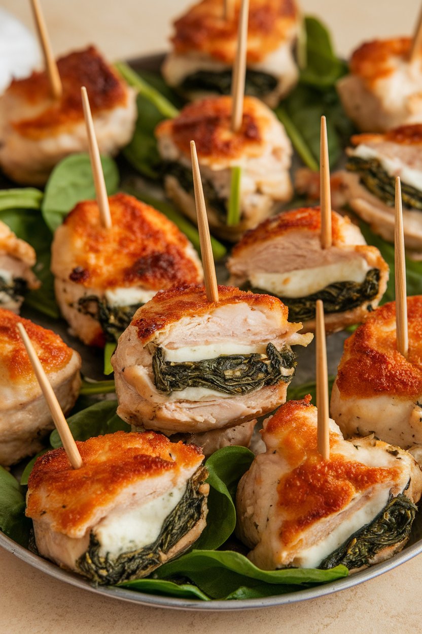An indoor tray with bite-sized chicken pieces stuffed with spinach and mozzarella, toothpicks inserted; no branding.