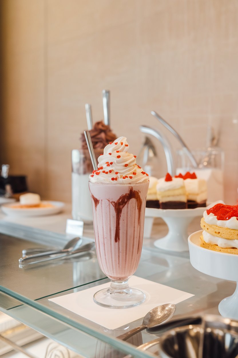An indoor dessert counter with tall sundae glass of ruby milkshake, whipped cream swirl, mini heart sprinkles; photo, not illustration; no text or logos.