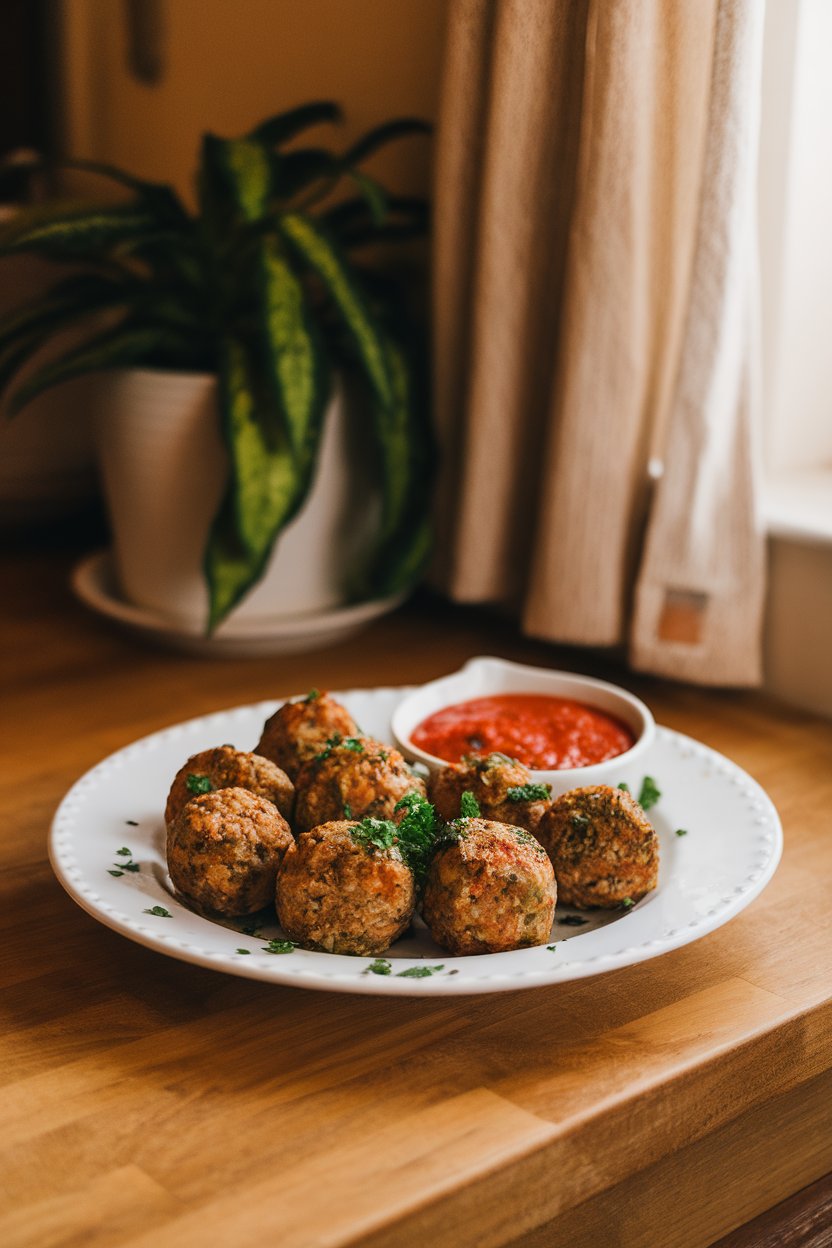 An indoor kitchen table featuring a white plate of cooked turkey-zucchini meatballs garnished with parsley, a small dish of marinara on the side; warm lighting, no text or logos. Photo only.