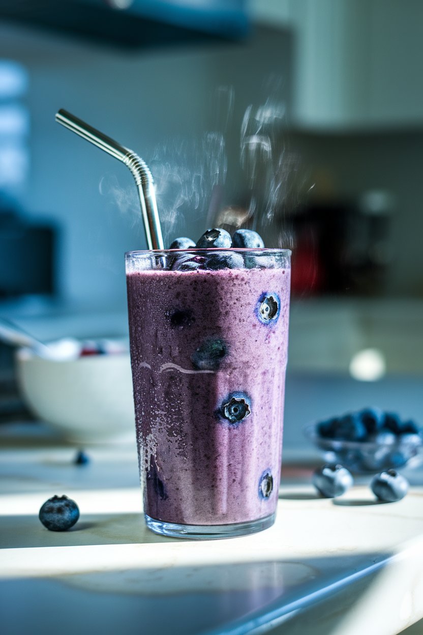 Photo of a tall glass of purple blueberry smoothie with a metal straw, condensation visible, placed on a kitchen island under bright indoor lighting. No text or logos.
