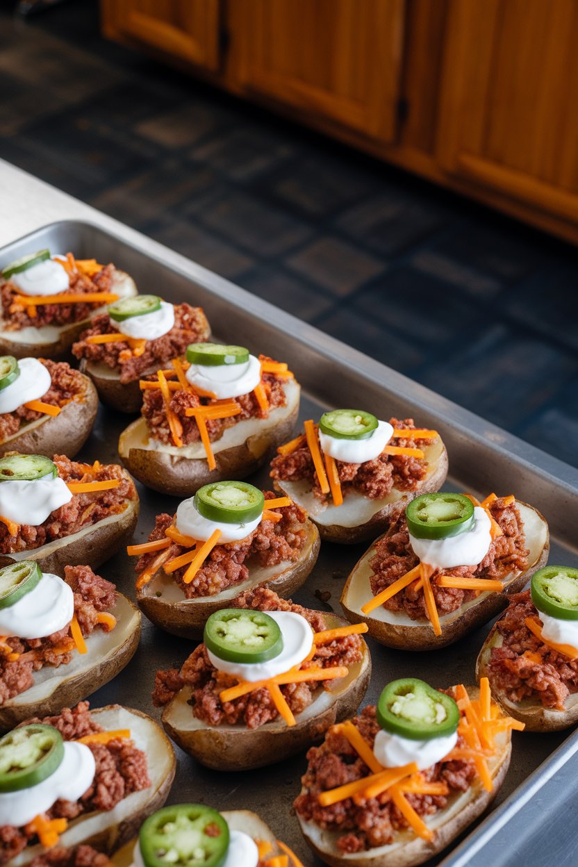 Indoor photo of potato skins loaded with ground beef, cheese, jalapeños, and sour cream, arranged on a metal tray. No branding or text present.