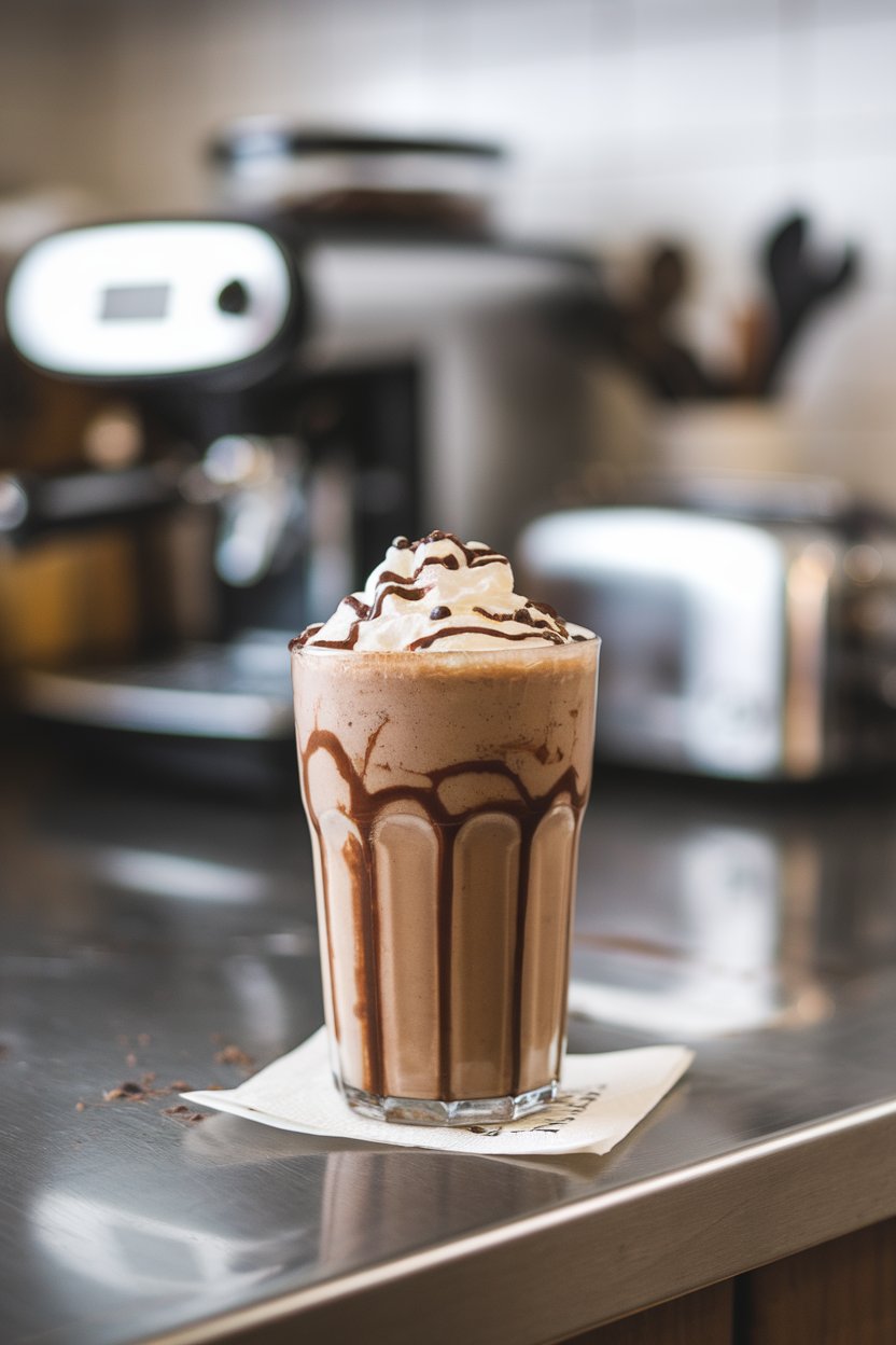 Indoor kitchen counter shot of a tall frosty glass with chocolate drizzle, creamy shake, and espresso beans on whipped cream; no text or logos.