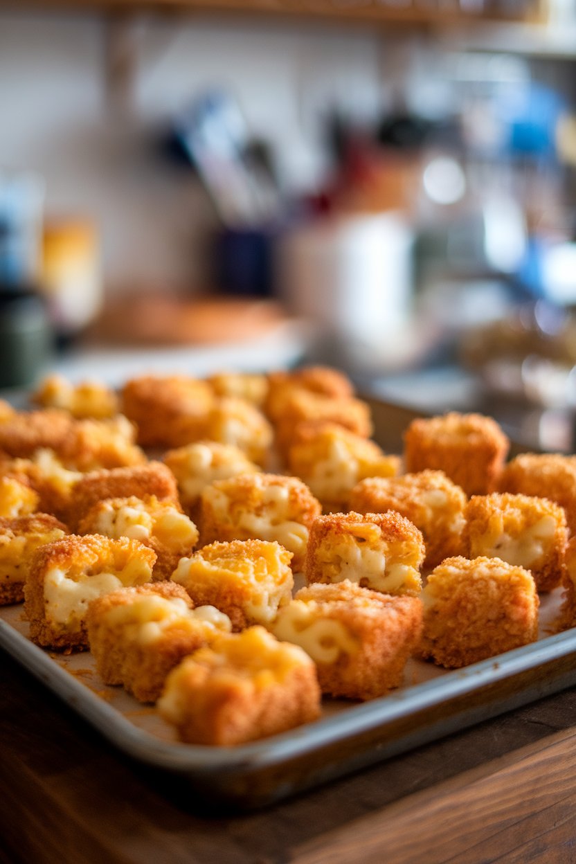 Indoor baking sheet of bite-size breaded mac and cheese cubes, golden and slightly oozing cheese. No text or logos.
