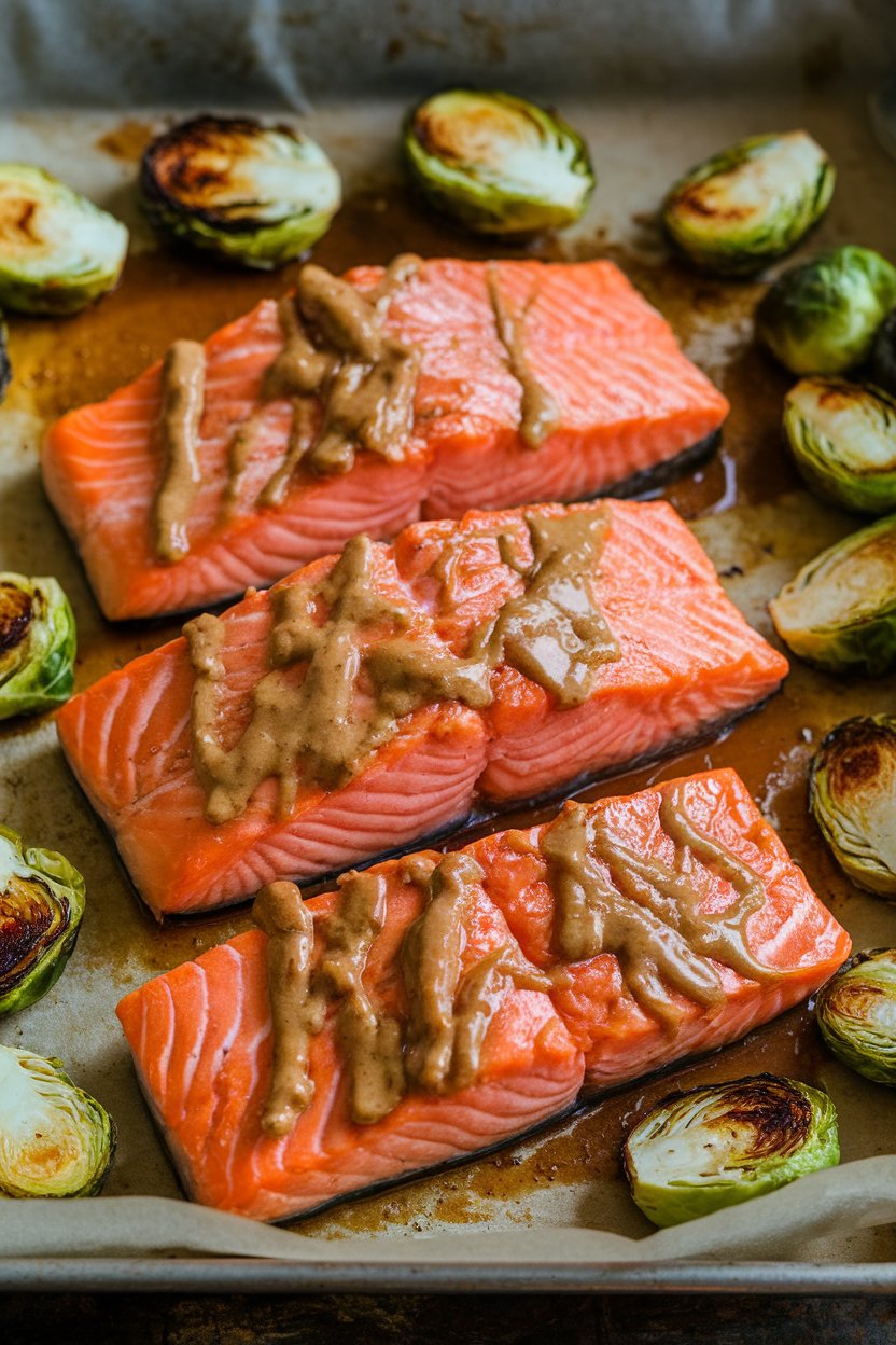 Indoor photo of cooked salmon fillets brushed with maple-mustard glaze, surrounded by halved roasted Brussels sprouts on a parchment-lined pan; no text or logos