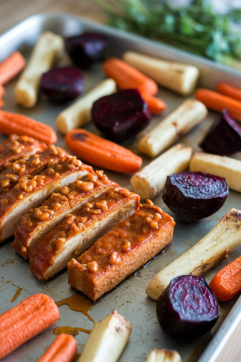 Indoor shot of sliced tempeh glazed in maple-mustard mixture, surrounded by roasted parsnips, carrots, and beets on a sheet pan. No text or logos.