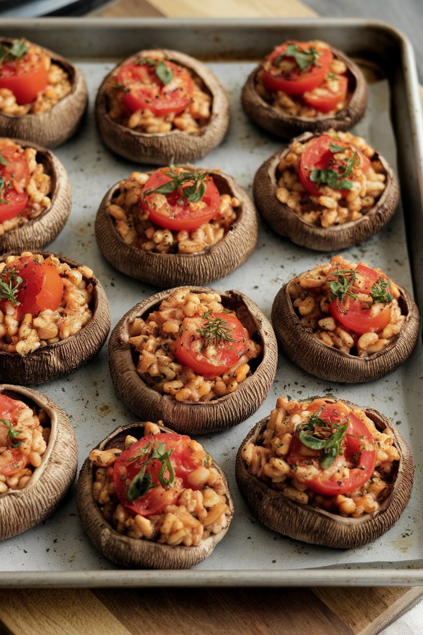 Indoor photo of large portobello caps filled with tomato-basil farro mixture on a baking sheet. No text or logos.