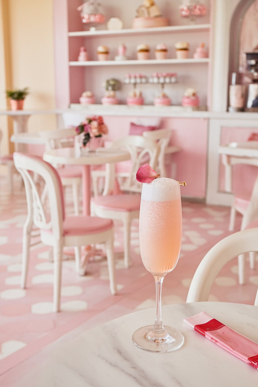 Indoor dessert café with a flute of pale pink fizz, dusting of powdered sugar on rim, rose petal garnish. No text or logos.