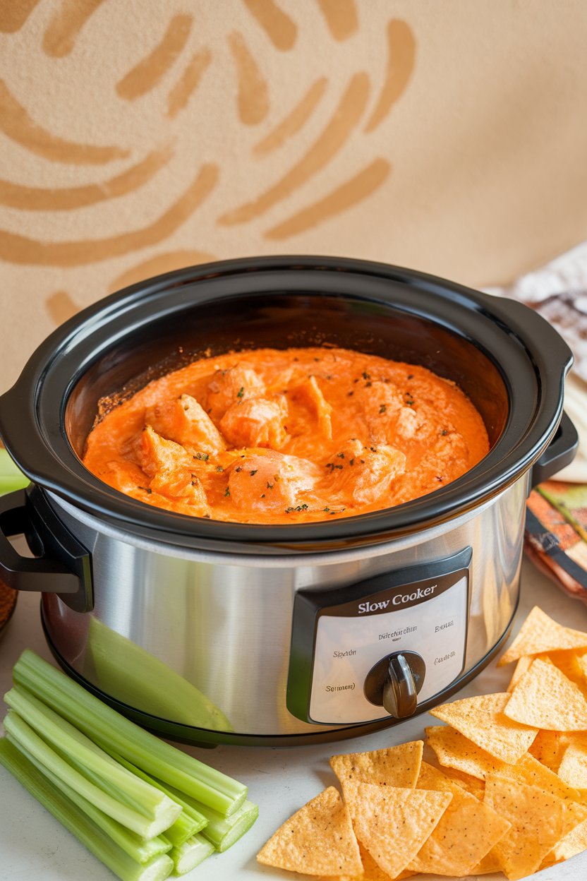 An indoor dining table with a small slow cooker insert filled with bubbling orange-hued Buffalo chicken dip, surrounded by celery sticks and tortilla chips; no text or logos, photo only.