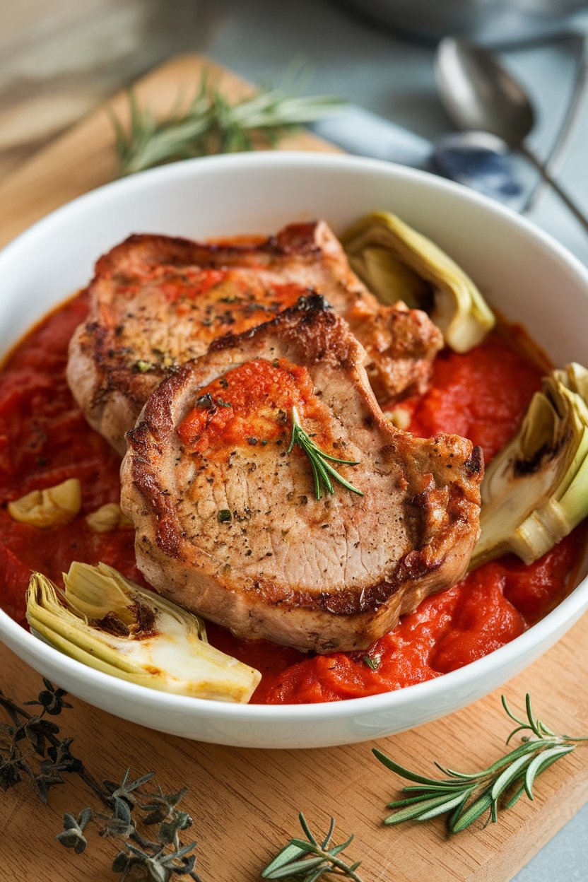 Bowl of pork chops in tomato sauce dotted with artichoke hearts, no text or logos.
