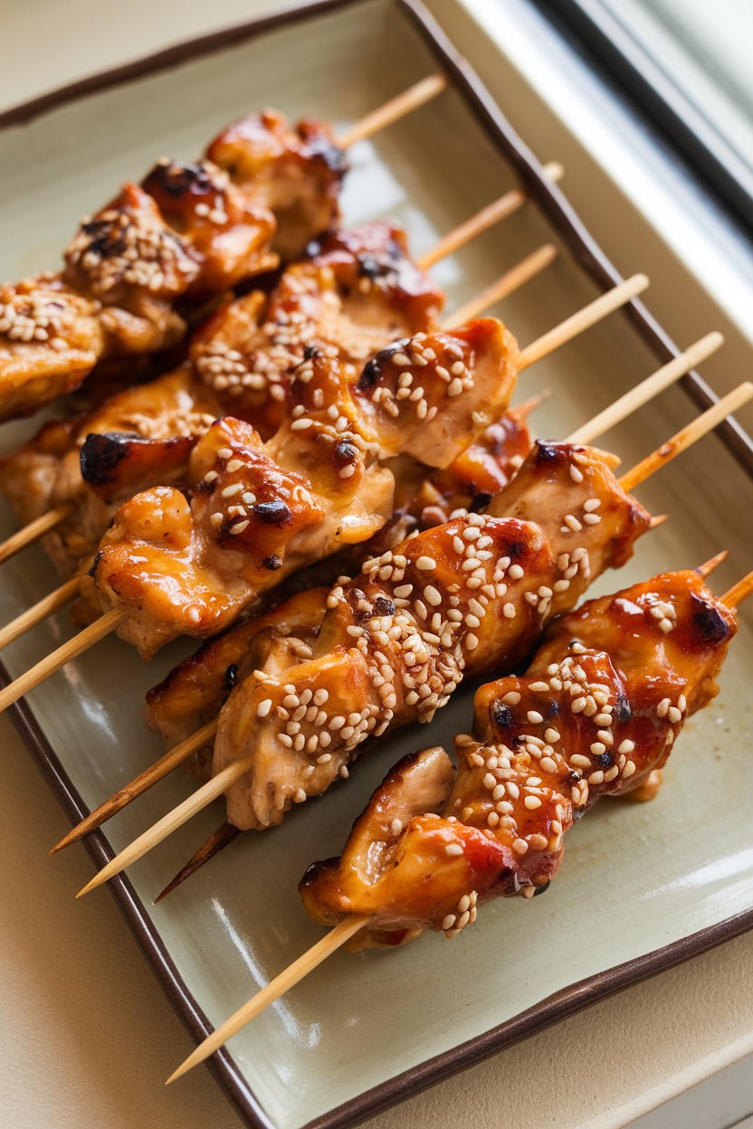 Photo of teriyaki chicken skewers with sesame seeds on a rectangular platter indoors, no text or logos