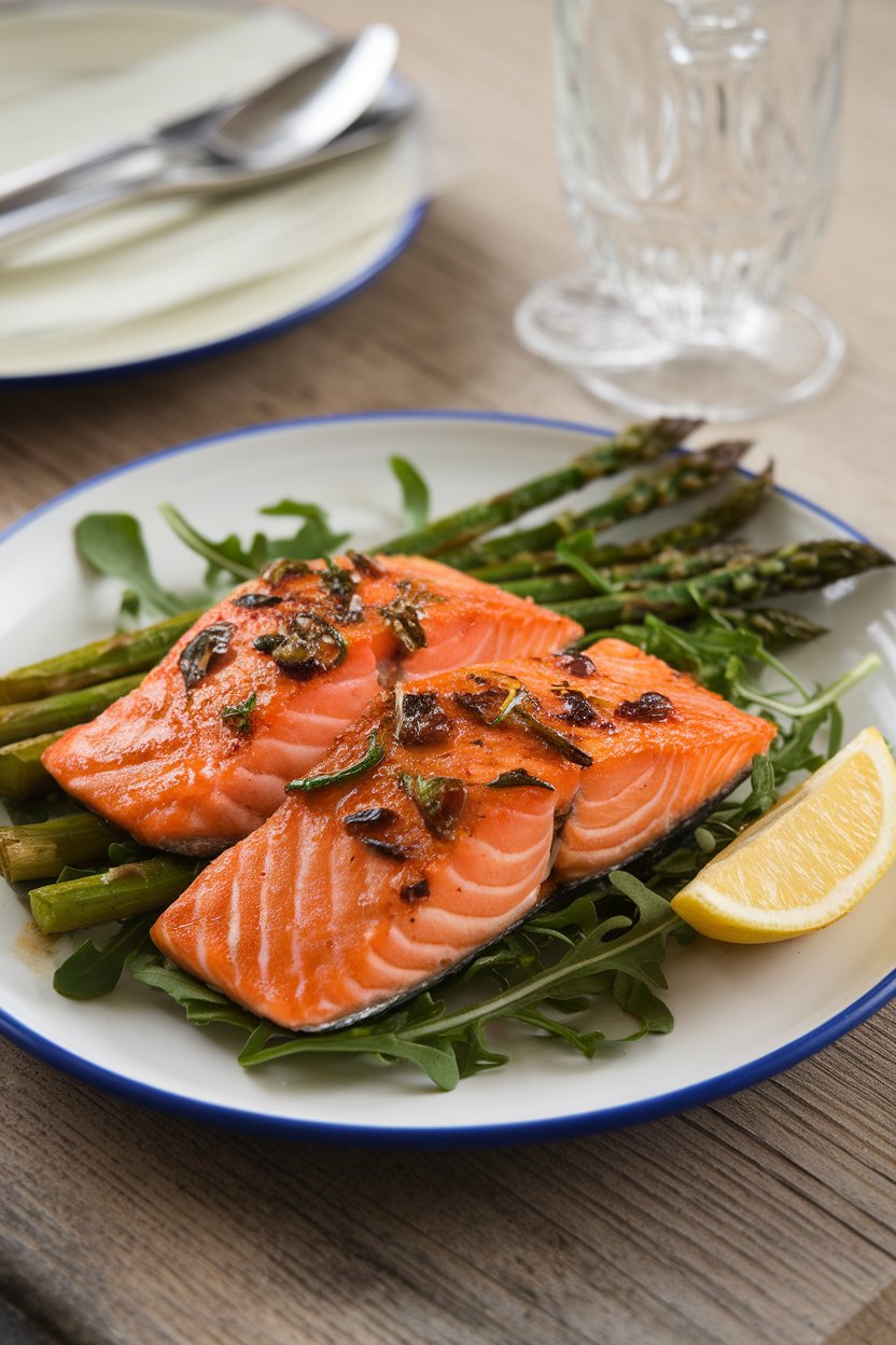 Photo indoors of glazed salmon fillets topped with herbs beside roasted asparagus spears, no text.