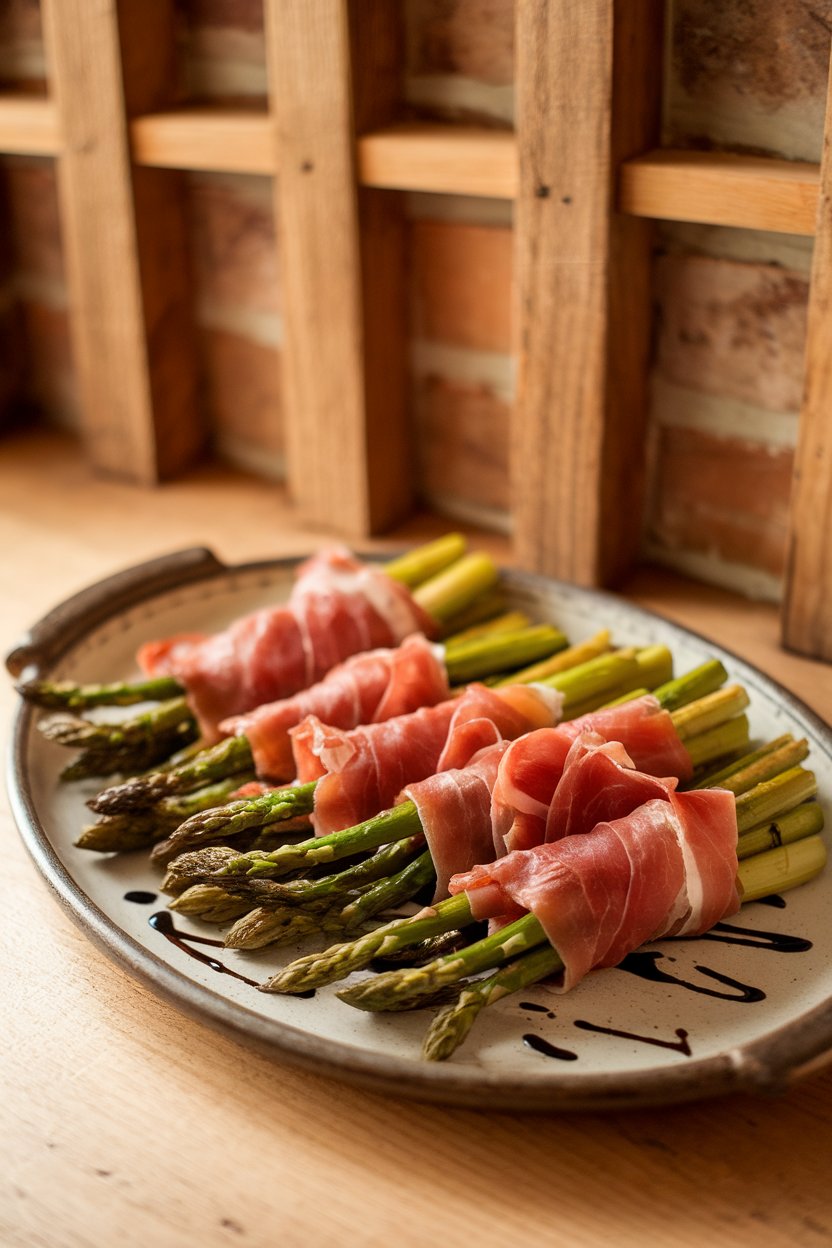 Indoor photo of roasted asparagus spears wrapped in crisp prosciutto, arranged neatly on a ceramic platter, a light balsamic glaze drizzle, no text or logos