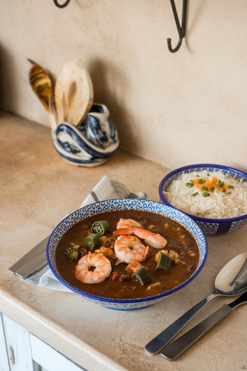 Indoor counter with a bowl of dark roux gumbo containing shrimp, crab, and okra. No text or logos.