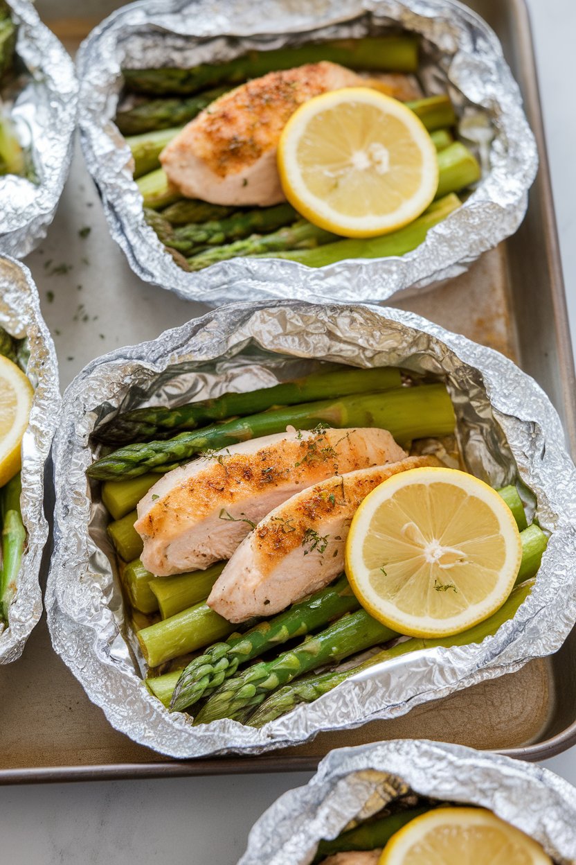 Indoor photo of opened foil packets showing cooked chicken breast strips and asparagus with lemon slices on a tray. No text or logos.