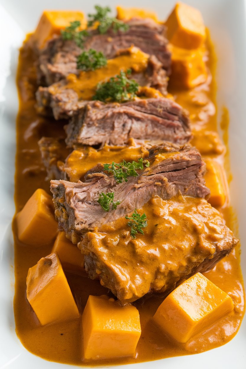 Indoor photo of short ribs in orange curry sauce with pumpkin cubes; no text or logos