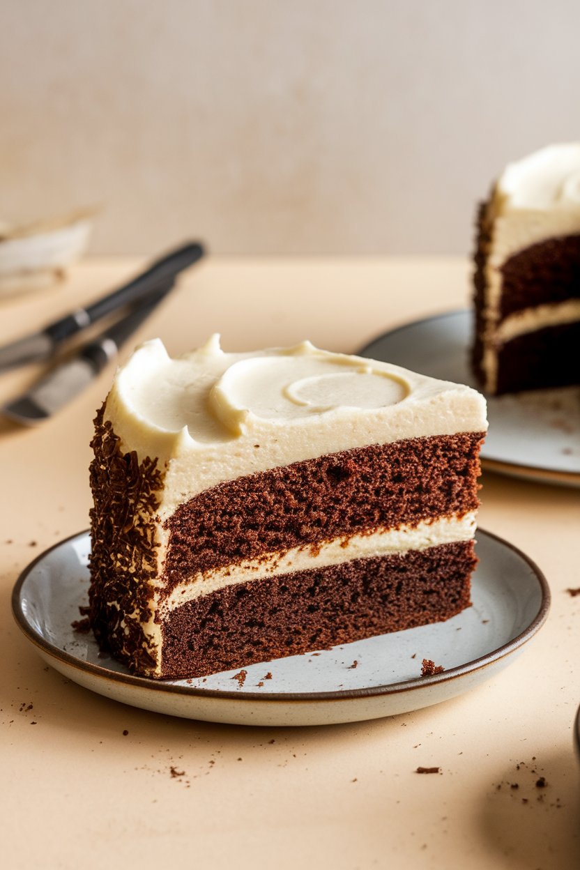 Indoor photo of a single slice of dark chocolate stout cake with a creamy frosting layer, crumbs on the plate, no text or logos