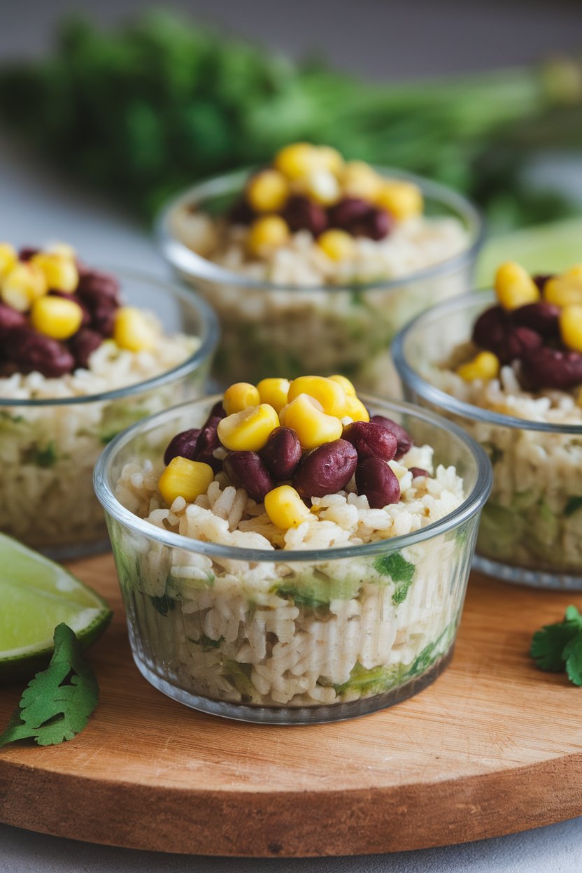 Indoor photo of small clear ramekins filled with cilantro lime brown rice topped with black beans and corn kernels. No text or logos.