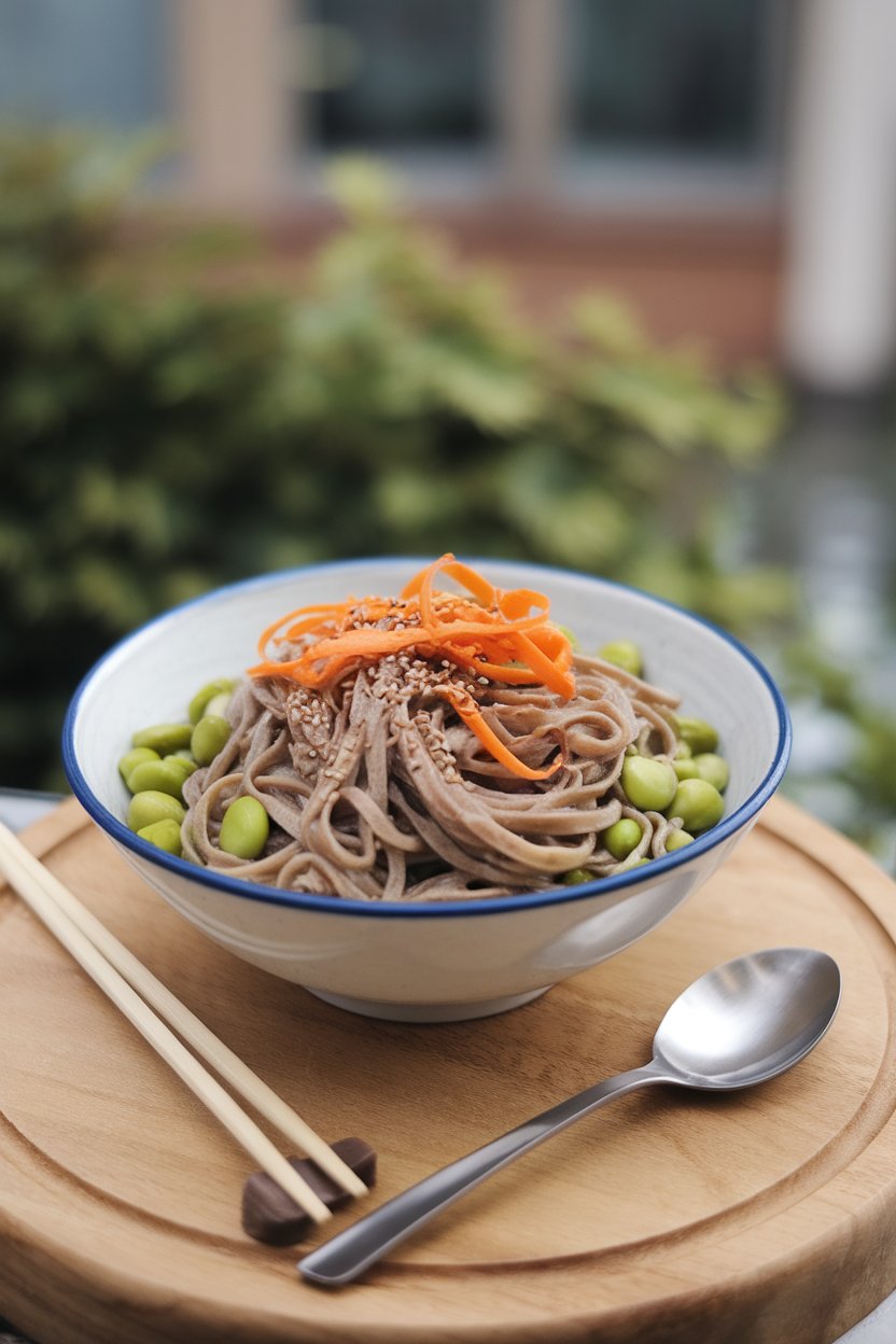 An indoor bowl of chilled buckwheat soba noodles mixed with shelled edamame, carrot ribbons, and sesame seeds, lightly dressed. No text or logos. Photo only.