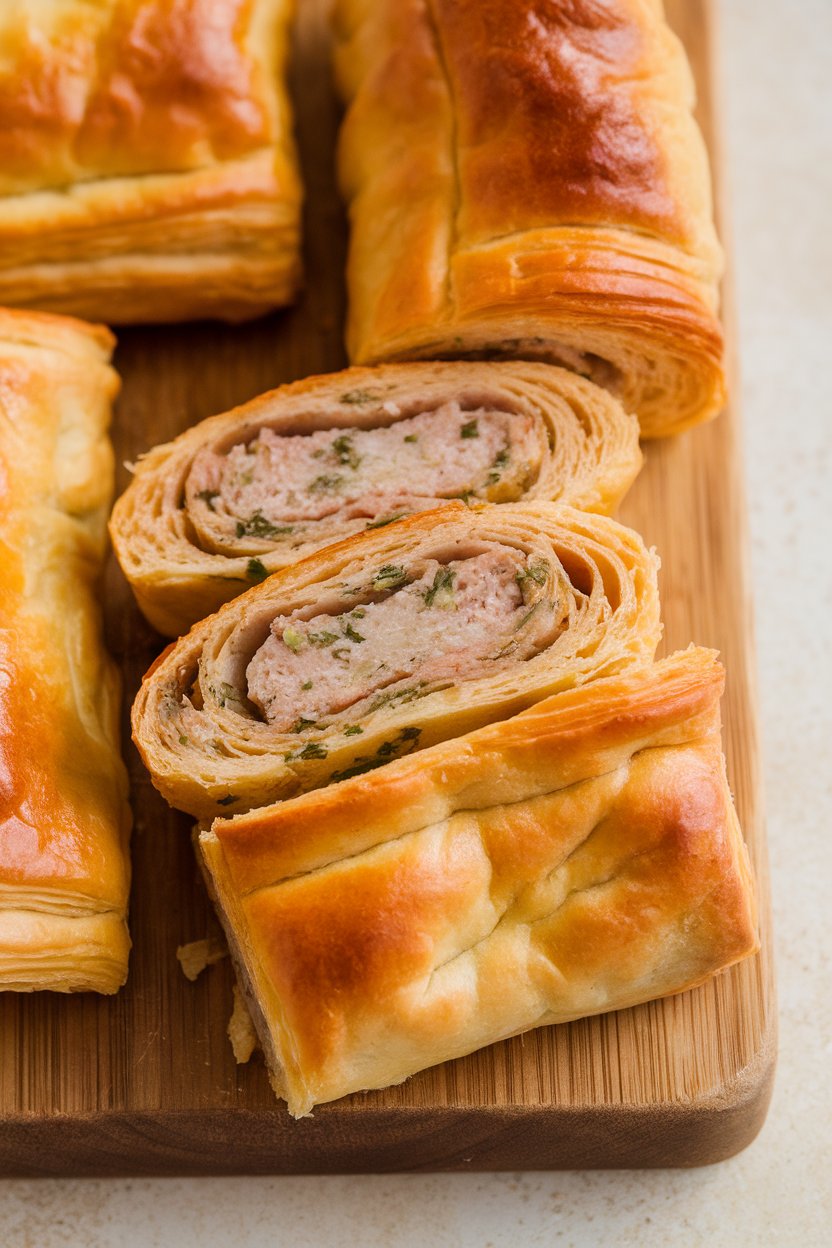 Indoor photo of puff-pastry sausage rolls sliced on a board, golden and flaky with visible herb filling, no text or logos