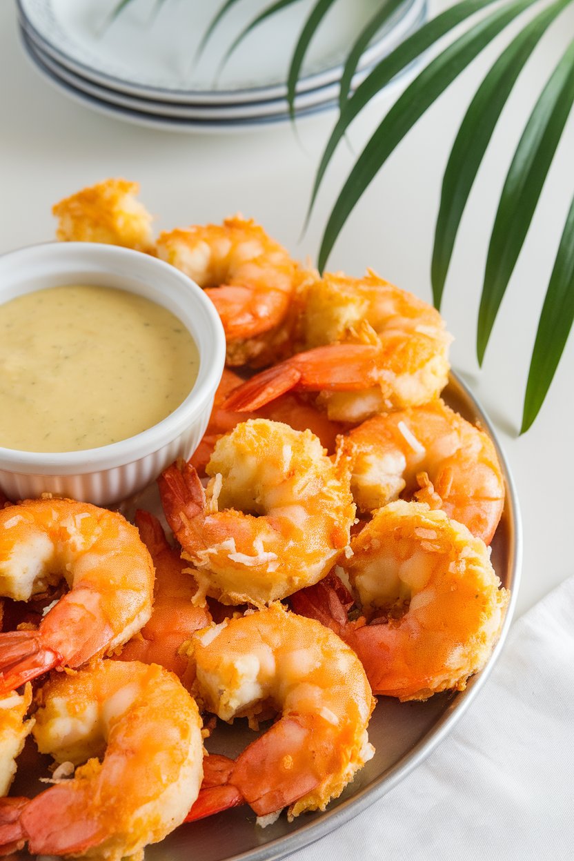 Indoor photo of golden coconut-crusted shrimp on a platter with a bowl of pineapple dipping sauce; no text or logos