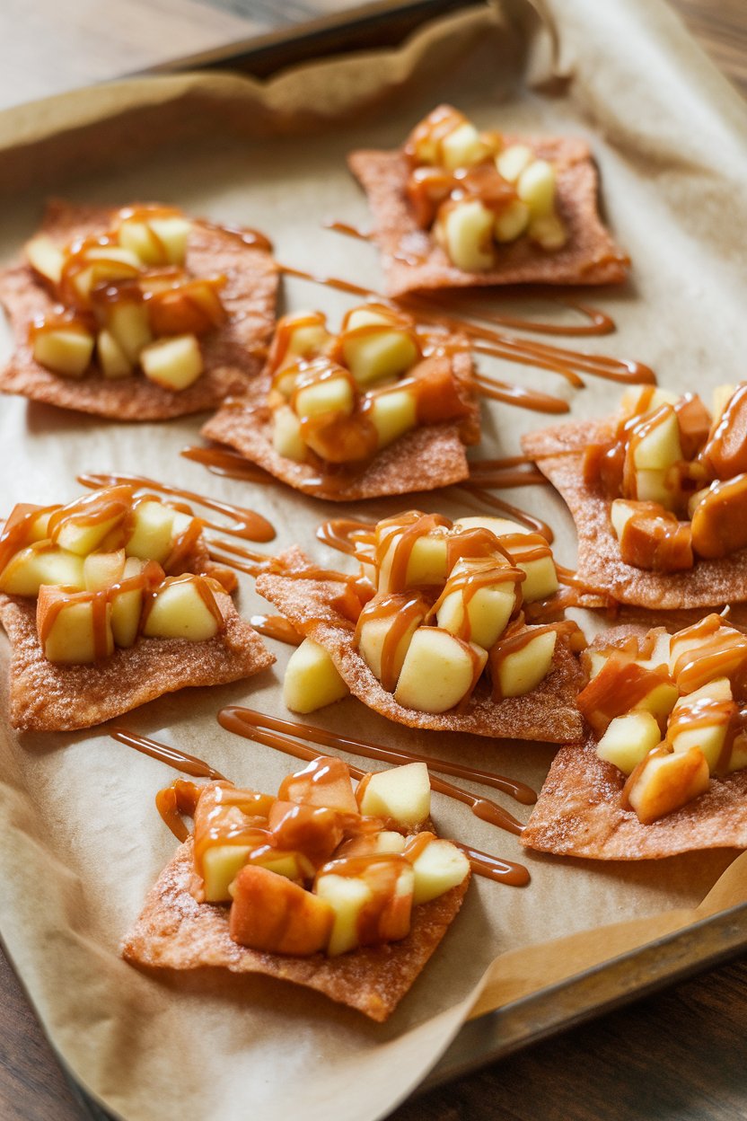 A parchment-lined tray indoors holding cinnamon-sugar tortilla chips topped with diced apple pie filling and caramel drizzle. No text or logos; photo, not illustration.