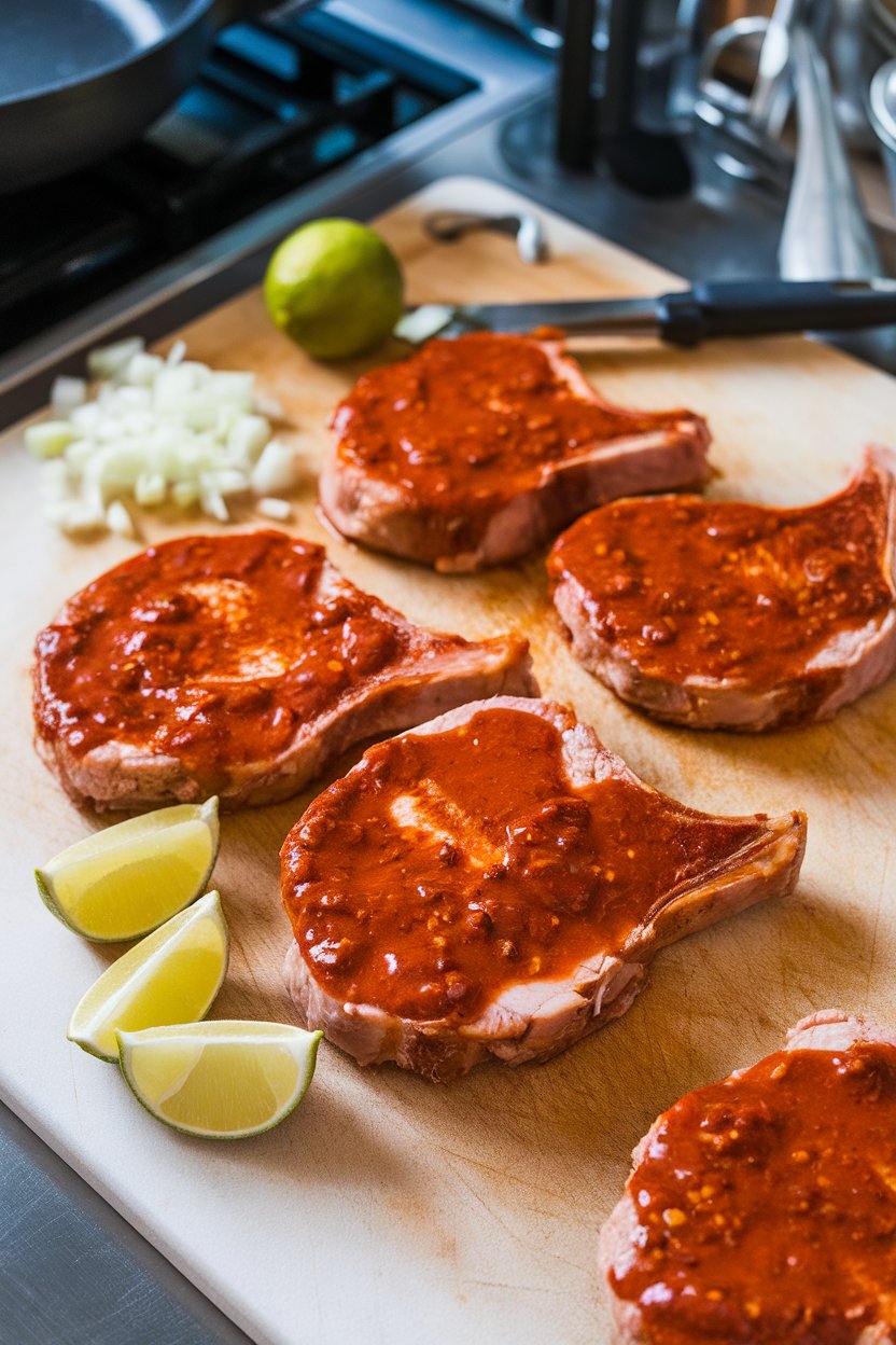 Kitchen counter featuring pork chops coated in reddish chipotle sauce, lime wedges nearby, no text or logos.