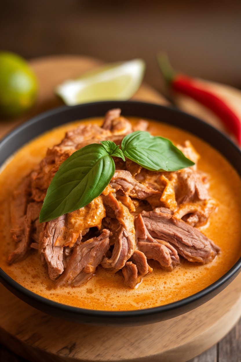 Indoor bowl of shredded beef in creamy coconut curry sauce, topped with Thai basil. No text or logos.