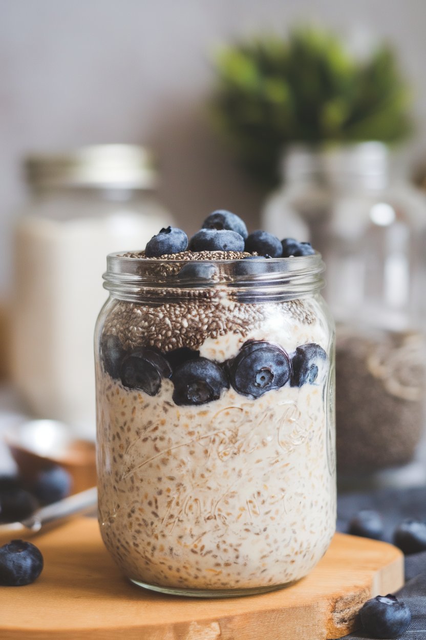Indoor photo of a glass jar of overnight oats layered with blueberries and whey protein, topped with chia seeds, no logos.