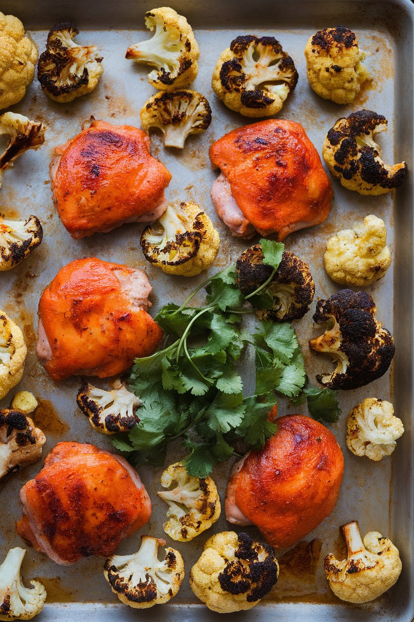 Indoor photo of bright orange tandoori-spiced chicken thighs and charred cauliflower florets on a sheet pan, cilantro sprinkled on top. No text or logos.