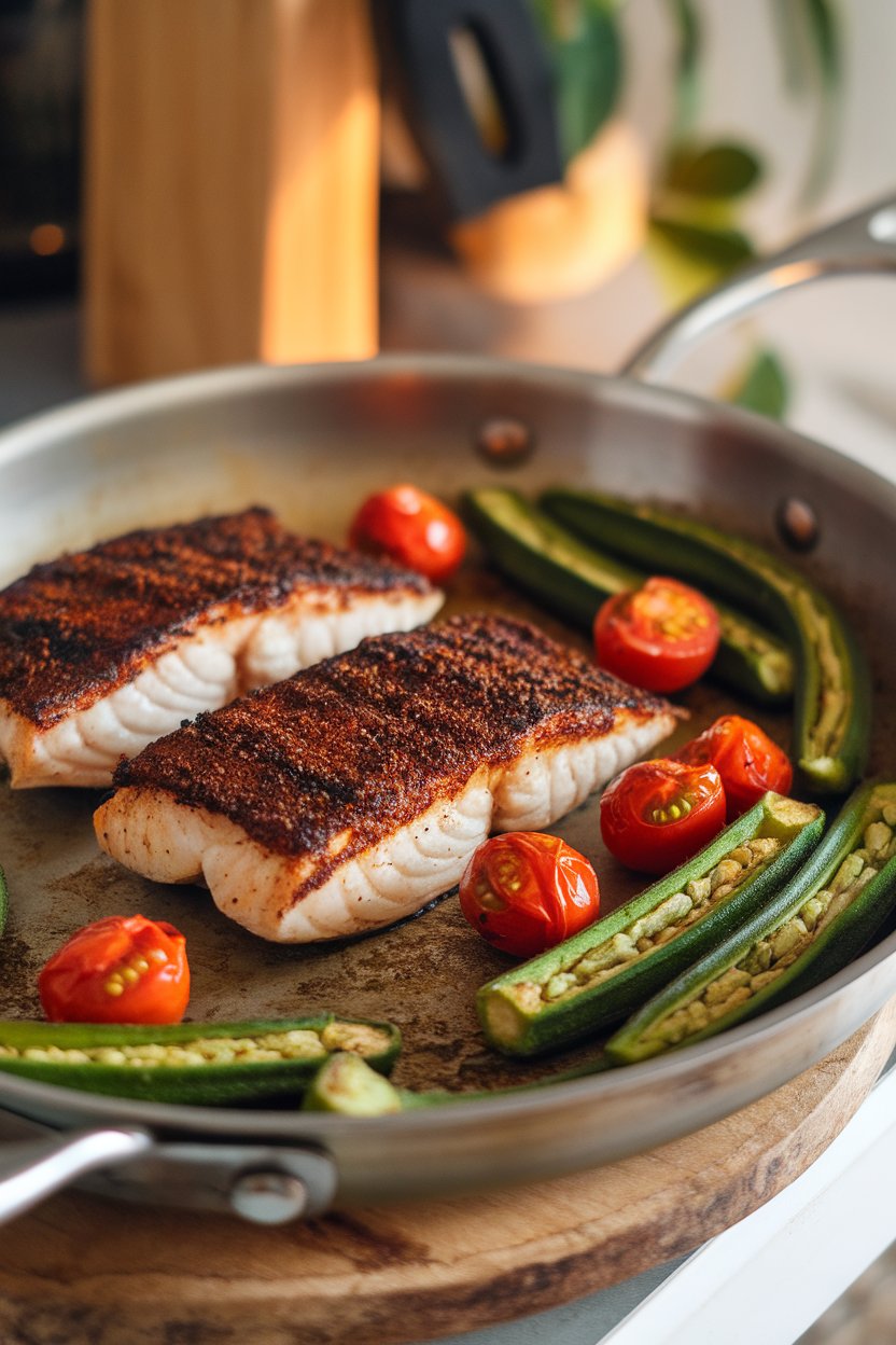 Indoor photo showing blackened tilapia fillets with Cajun spice, roasted okra pods, and blistered cherry tomatoes on a pan; no logos